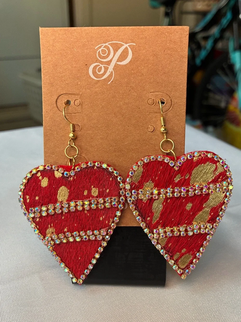 Red Faux Pony Hair Gold Splatter Heart Statement Earrings Rhinestone Border Boho - Picture 2 of 5